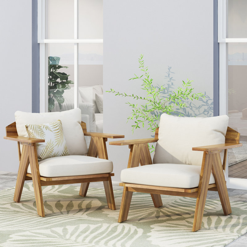  Ensemble de 2 fauteuils club d'extérieur en bois d'acacia avec coussins, finition teck et coussins beiges
