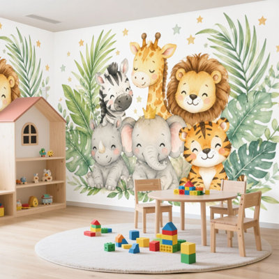Peler et coller le papier peint tropical, animaux, aquarelle, bébé, éléphant, lion, zèbre, girafe, art mural, adhésif et amovible