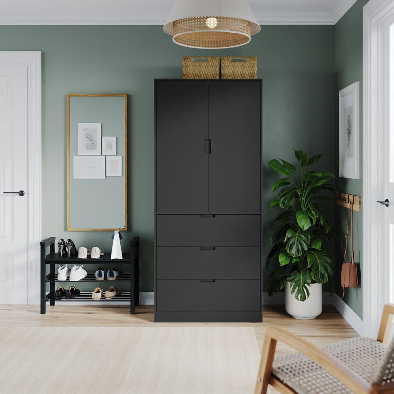 Stephy Solid Wood Wardrobe, Black