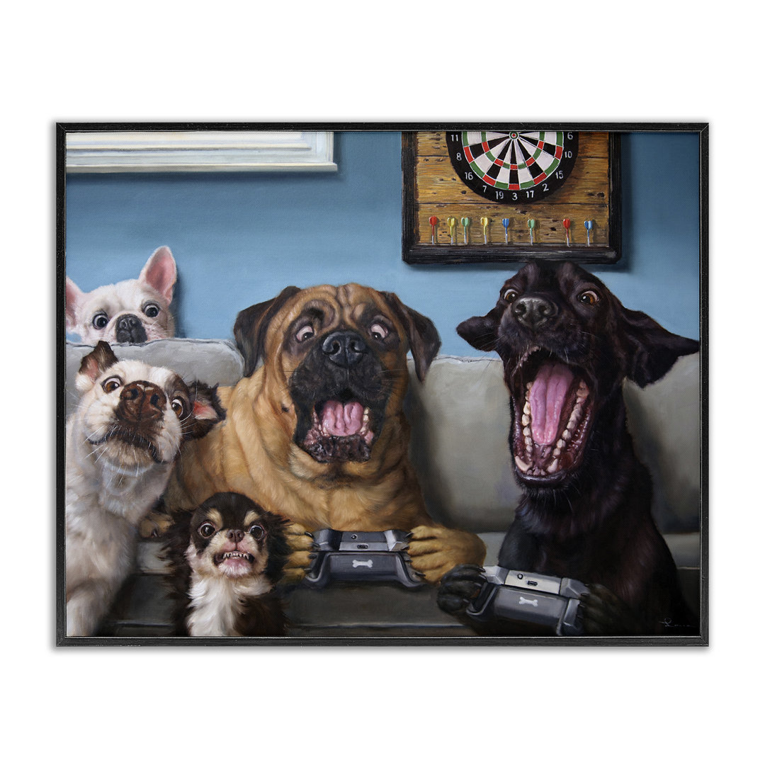 Funny Dogs Playing Video Games - Graphic Art on Canvas Trinx Frame 