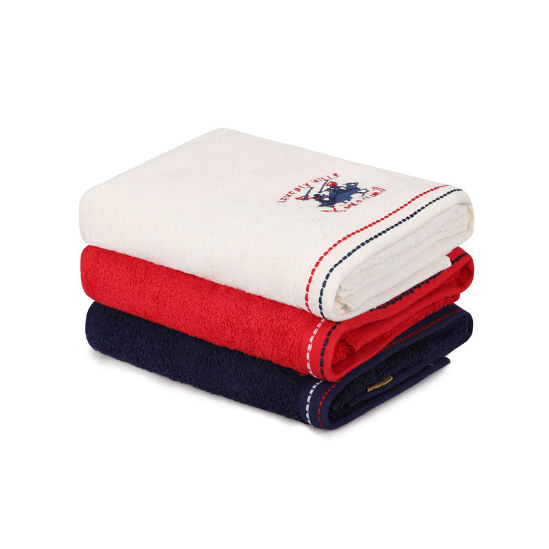 Ensemble de 3 serviettes de bain 100% coton, Blanc / rouge / bleu foncé