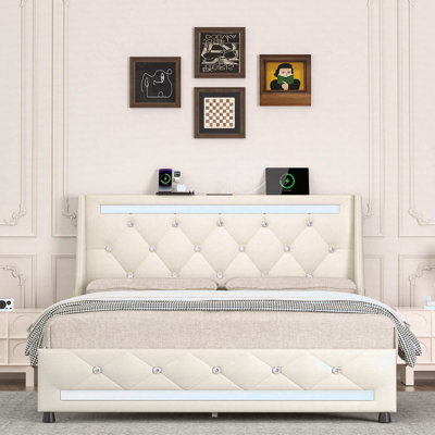 Queen Bed Frame With Headboard, Upholstered Platform Bed Frame Full Size With Charging Station & LED Lights, Mattress Foundation With Wooden Slats Support