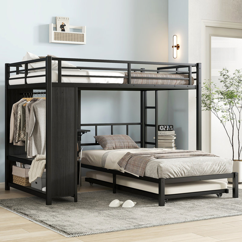 Full Over Twin Xl  (Full Xl Over Twin Xl)  Bunk Bed With Built-In Wardrobe, Metal Bunk Bed With Twin Trundle, Foldable Desk, Ladders, Noise-Reduced Design