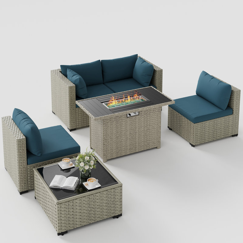 5 Pieces Design-Oriented Rattan Patio Conversation Sets With Fire Pit, Peacock Blue