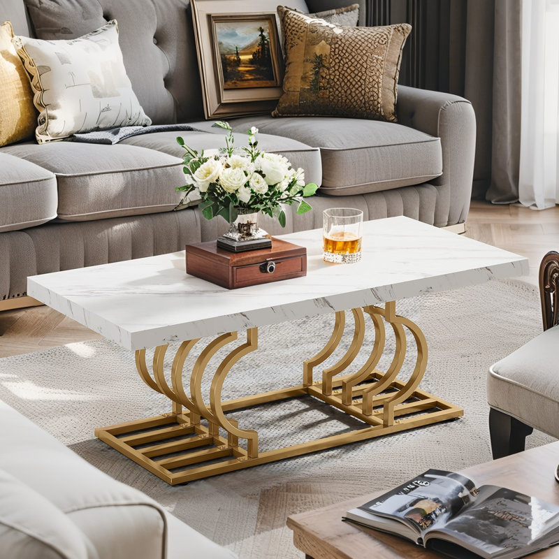 Table basse rectangulaire, table basse 47 "en faux marbre avec cadre géométrique