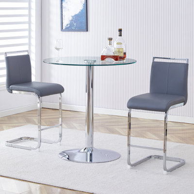 3-Piece Glass Round Dining Set Metal Pedestal Table With 2 Faux Leather Dining Chairs For Kitchen Dining Room Small Spaces