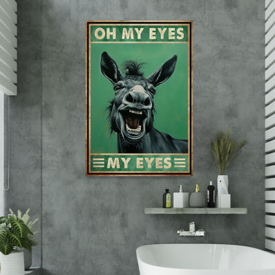 Black Donkey Smiling - Oh My Eyes Gallery Wrapped Canvas - Bath And Laundry Animal Illustration Decor, Black And Dark Green Bathroom Decor