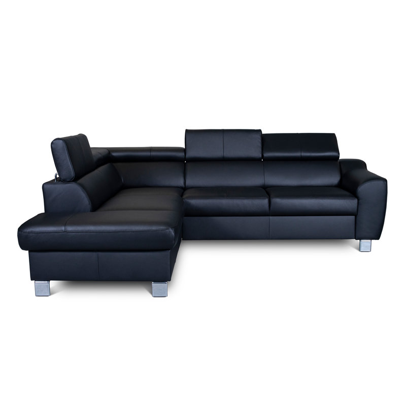 Italian Leather Sleeper Sectional with Pull Out Bed & Storage & Adjustable Headrests from Europe Pewamo, Cuir véritable noir