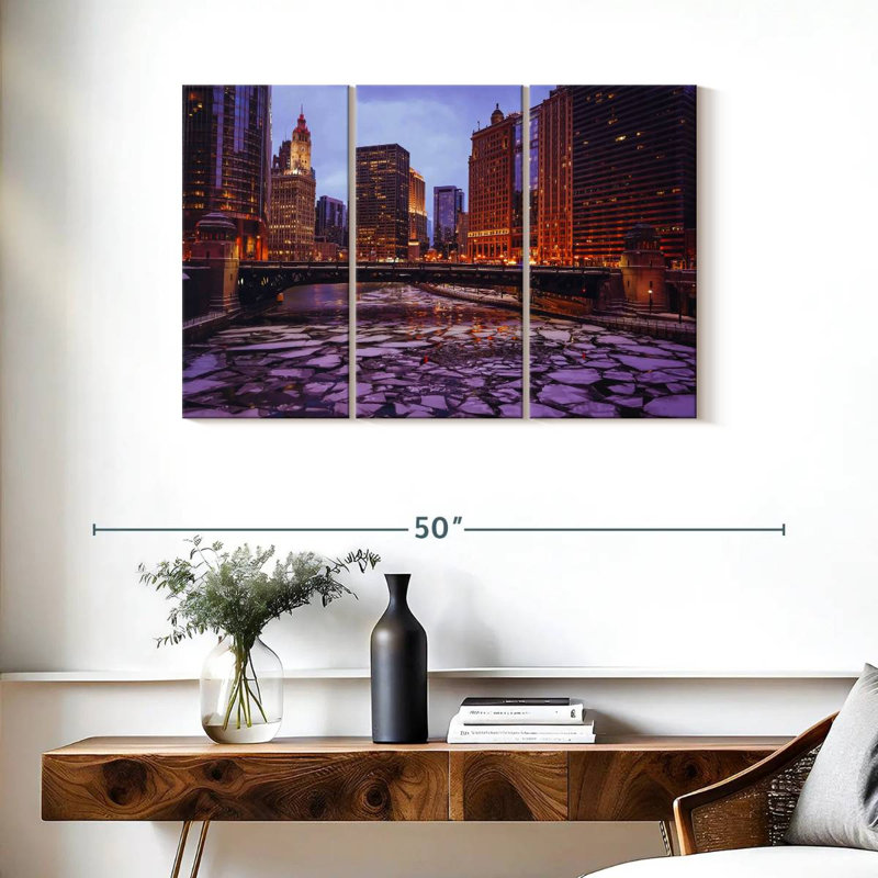 Paysage urbain de la rivière gelée Tergel Chicago, H 24 po x l 38 po
