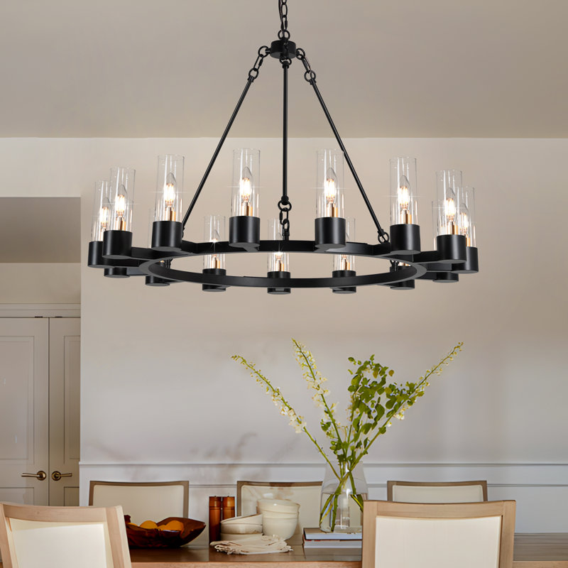 15- Light 33.66" Wagon Wheel Chandelier Black Farmhouse Chandelier For Living Room