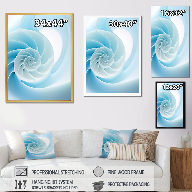 Abîme azur, Nautilus spirale sur toile, Cadre flottant noir, H 40 po x l 30 po x P 1,5 po