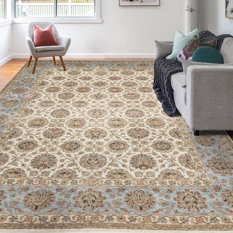 Tapis crème et bleu noué à la main de haute qualité