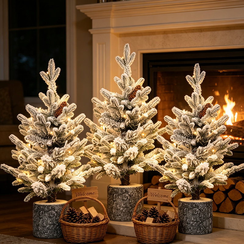 Ensemble de 3 mini sapin de Noël enneigé 2 pi - pré-éclairé avec 30 DEL blanc chaud, 189 pointes en PE + PVC enneigées, pommes de pin naturelles et base de pot décorative - petit arbre de Noël pour l'entrée, la cheminée, la tablette ou la décoration