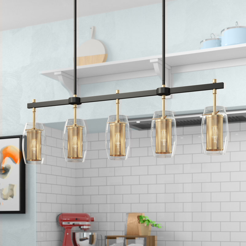 Luminaire suspendu linéaire à 5 lumières pour îlot de cuisine Cearley, Laiton chaleureux / bronze