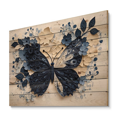 Papillon bleu et blanc en fleurs - impression moderne en bois noir sur bois de pin naturel