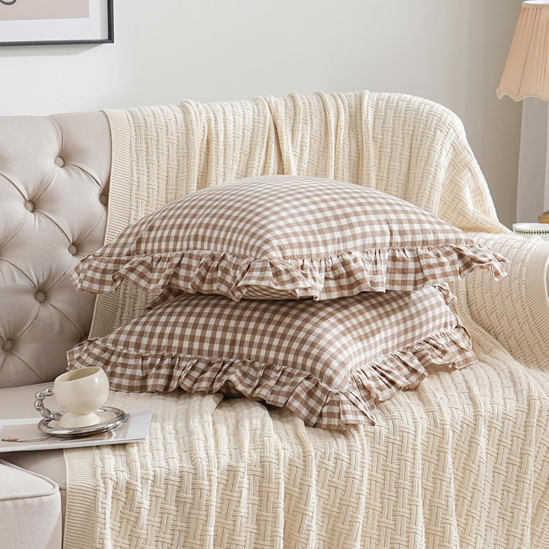 Ensemble de 2 housses de coussin à volants écossais taupe / brun Farmhouse 20 po x 20 po brun