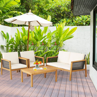 Acacia Wood 4 - Person Patio Conversation Set with Cushions