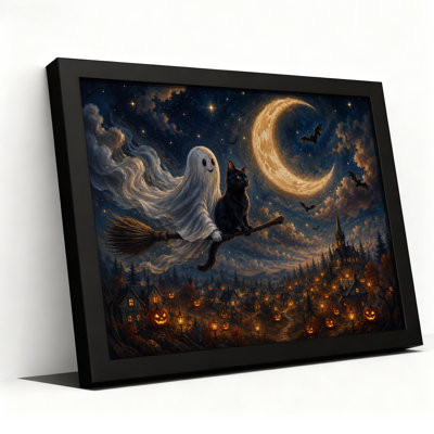 Art mural sur toile, fantôme et chat noir sur balai sur citrouille d'Halloween