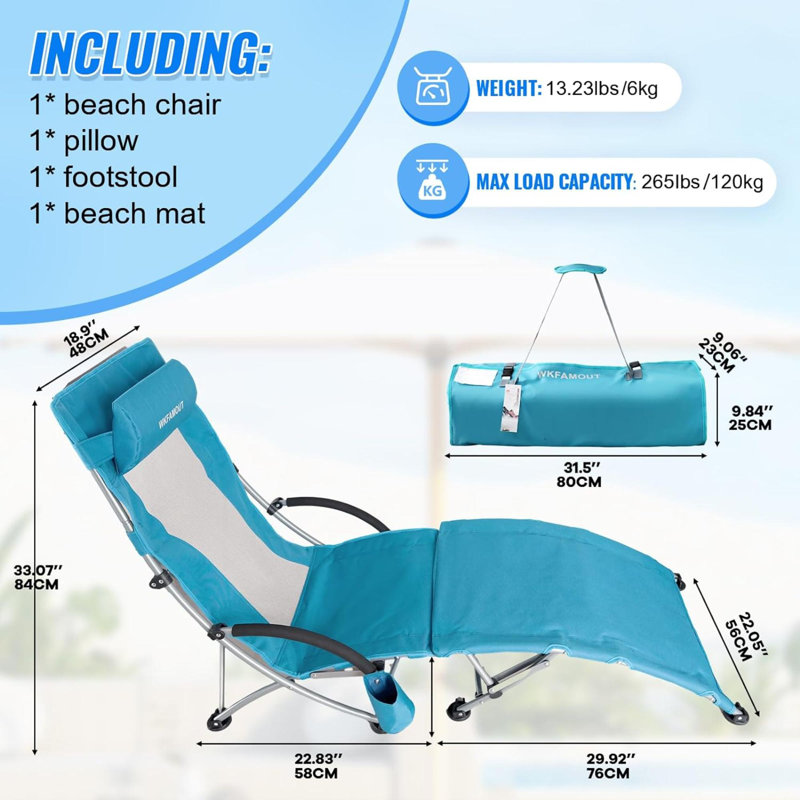 Chaise de plage pliante avec coussins, Cyan
