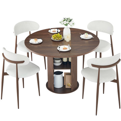 47.24" Round Walnut Dining Table For Spaces, With Two Chairs, Double - Tier Storage, Stain Tabletop 2 4 Diners, Waterproof Finish