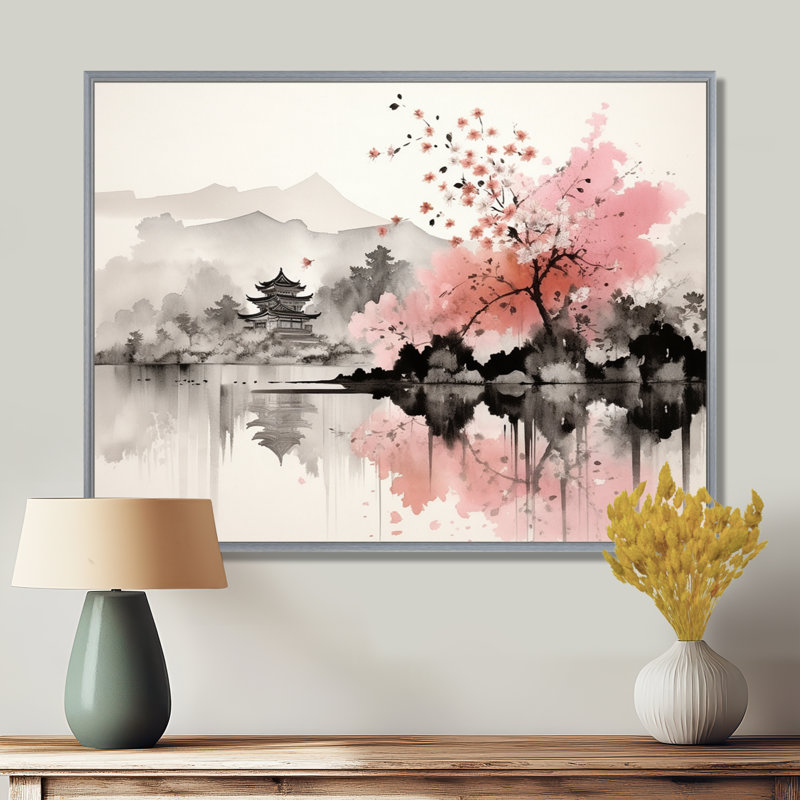 Art asiatique, lac Sumi III - art asiatique, art encadré, H 12 po x l 20 po x P 1 po, Encadrement argenté