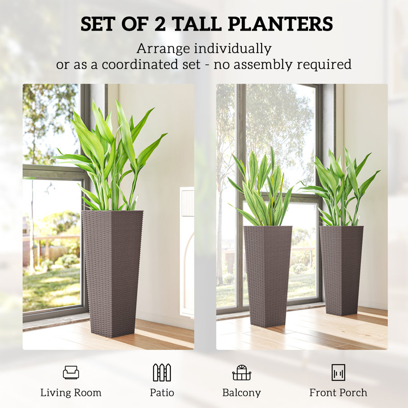 32 Inch Tall Planters For Outdoor Plants, Set Of 2 Plastic Flower Pots With Drainage Holes, Brown, Brown