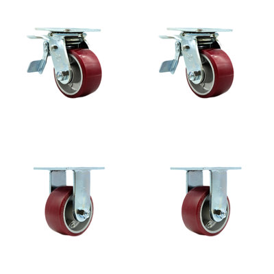 4 Inch Poly on Aluminum Caster Set with Roller Bearings 2 Brakes 2 Rigid SCC