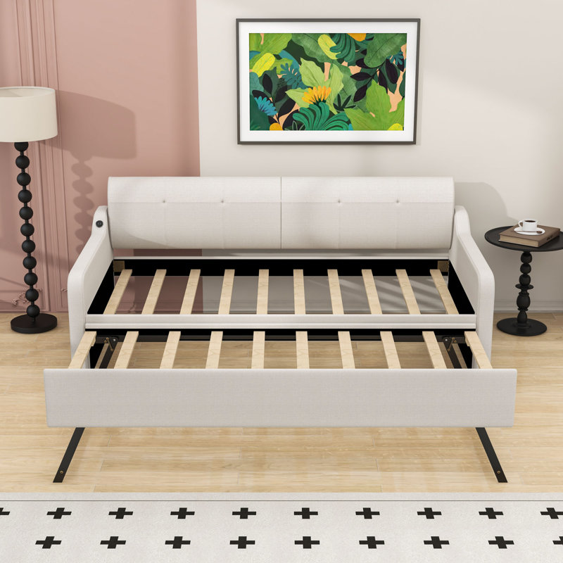 Twin Upholstery Daybed with Twin Trundle and USB Charging Port, Beige