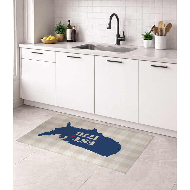 EST 1776 Gingham Low Profile Kitchen Mat, Neutral/Navy, Rectangle 2' x 3'