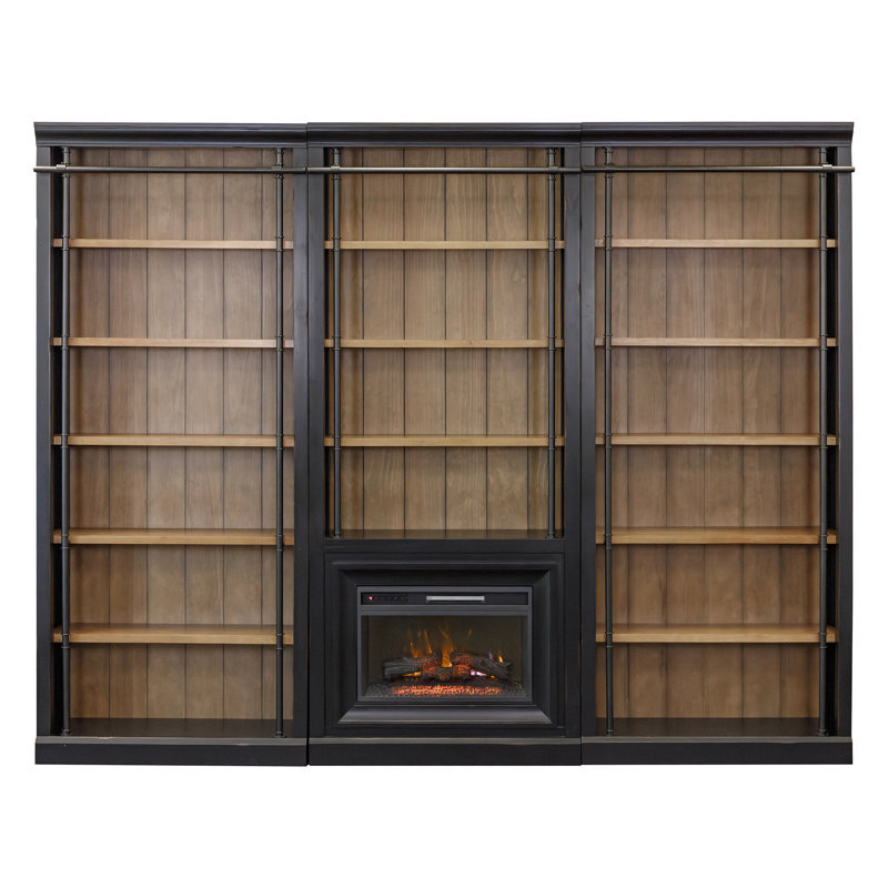 Olszewski Three 8' Tall Bookcase Wall With Fireplace and Ladder, Storage Organizer, Black