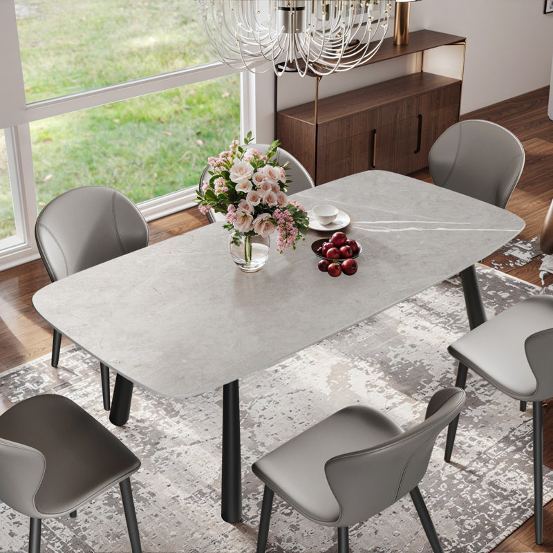 70.9'' Contemporary Dining Table Set, Faux Marble Dining Table for 6-8 People for Living Room, Scratch and Heat Resistant; Upholstered PU Leather Dining 6 Chairs with Ergonomic Backrest Design