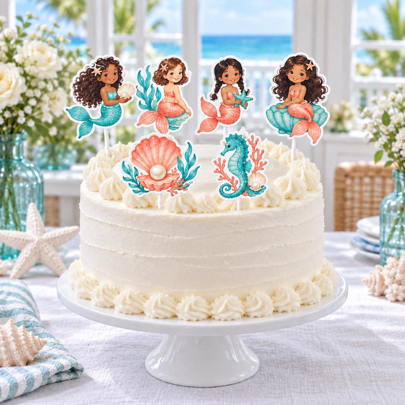 Ensemble de 6 décorations pour gâteau sirène, personnages sirène corail aigue-marine, coquillage perle et hippocampe