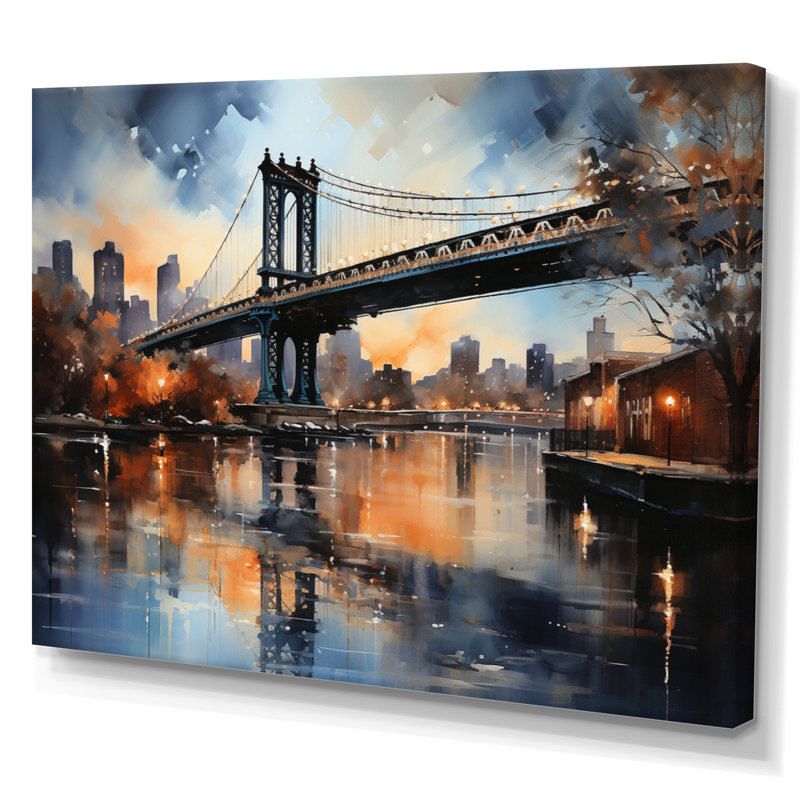 «Teal Bridge Urban Reflections Slate», reproduction sur toile, H 24 po x l 32 po x P 1 po, Toile tendue