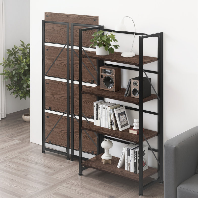 4-Tier Folding Bookshelf with Easy Assembly, Space-Saving Storage Shelf for Small Spaces, Rustic Display Rack for Home or Office