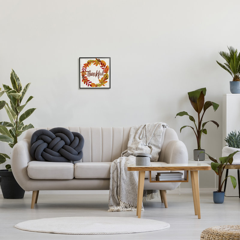 «Autumn Tree Leaf Wreath Thankful Sentiment Home» - Art textuel sur toile, Giclée encadrée noir minuit