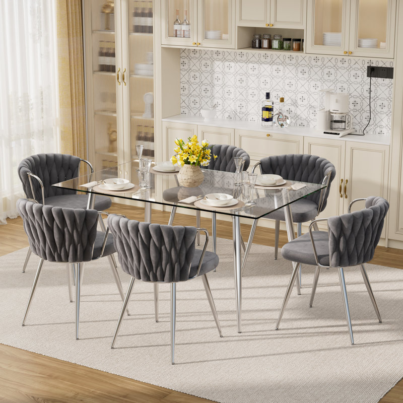 7 - Piece Glass Top Dining Set, 30" H x 51" L x 31.5" W, Gray