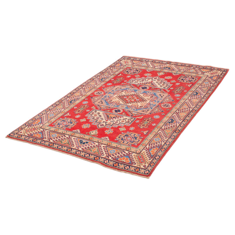 Tapis rouge en laine noué à la main de conception unique et unique 4 pi 11 po x 6 pi 8 po Overholt