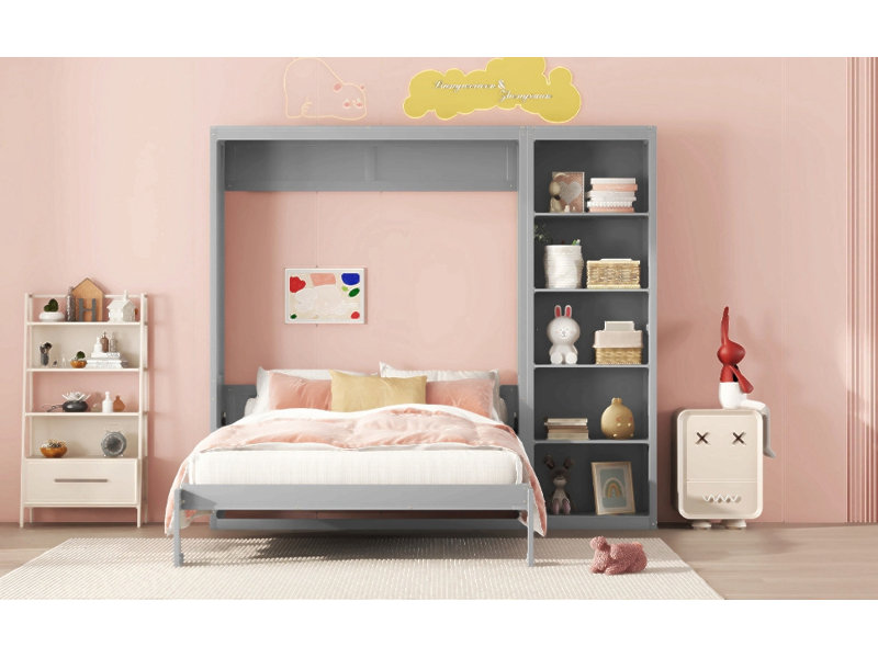 Lit escamotable mural avec tablettes Murphy, Gris, Lit double