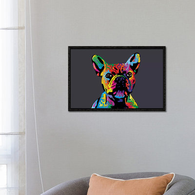Rainbow French Bulldog On Grey by Michael Tompsett - Wrapped Canvas Print