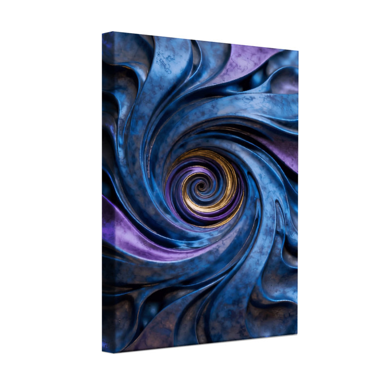 Motif abstrait d'art abstrait en spirale bleu mauve et or, H 30 po x l 20 po