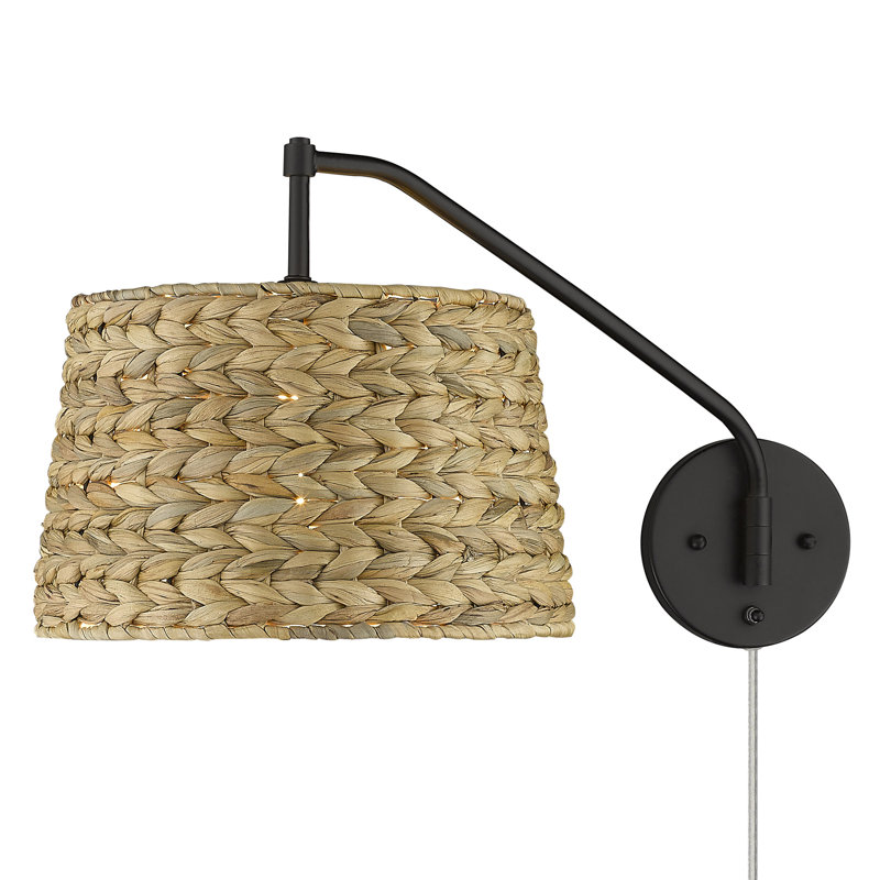 Swanage Steel Swing Arm Sconce, Woven Sweet Grass, Matte Black