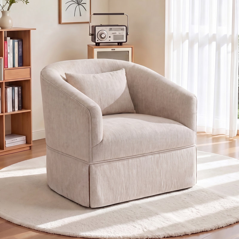 360-Degree Swivel Upholstered Armchair with Accent Pillow, Beige Linen Blend