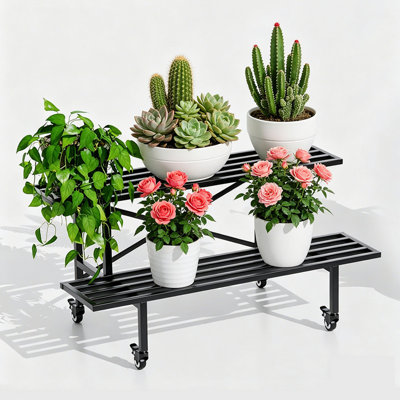 2-Tier Heavy Duty Weatherproof Metal Plant Stand With Wheels - 440 Lb Capacity, 35" Long
