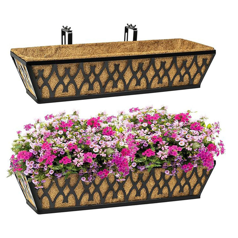 2 Pack Window Boxes Planters Railing Planter Box with Adjustable Brackets, for Porch Fence Patio Balcony with Coco Liners - Black