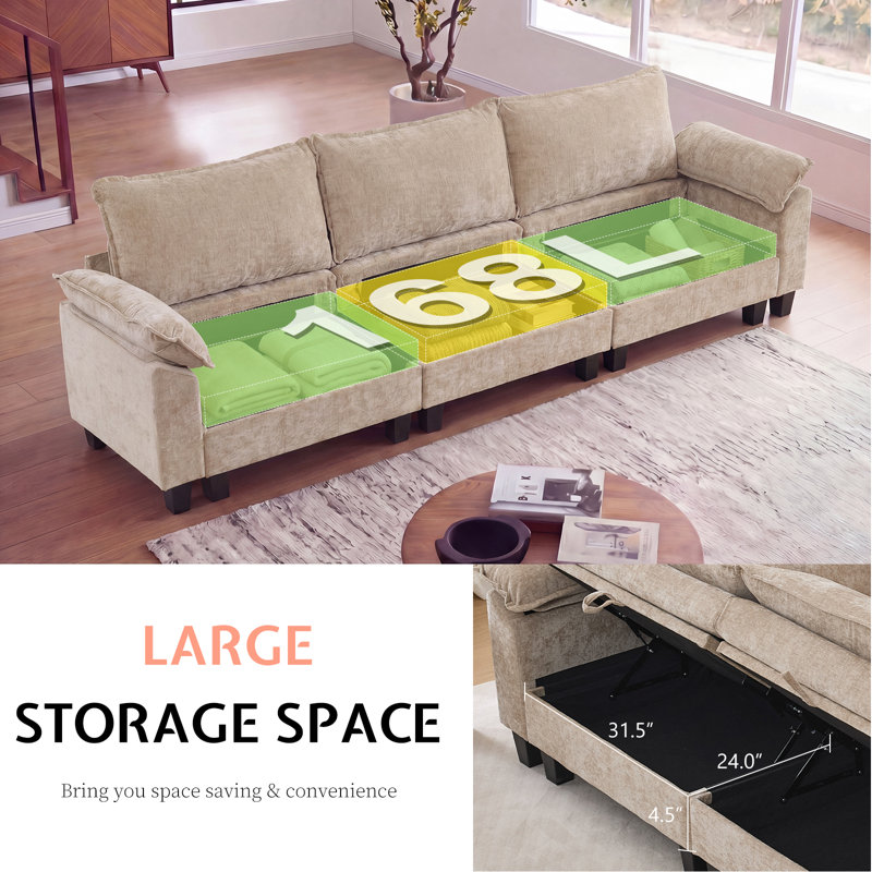 Canapé modulaire de 118 po avec rangement, canapé-lit Comfy Cloud avec repose-pieds et coussins décoratifs, canapé-lit modulaire en chenille à assise profonde pour salon, chambre à coucher