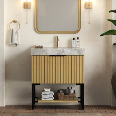 Meuble-lavabo autoportant de 30 po avec lavabo, comptoir en pierre frittée grise, vasque en céramique encastrée, armoire en chêne, tiroir et tablette ouverte, pré-assemblé, style luxueux et comptoir, finition en contreplaqué naturel,