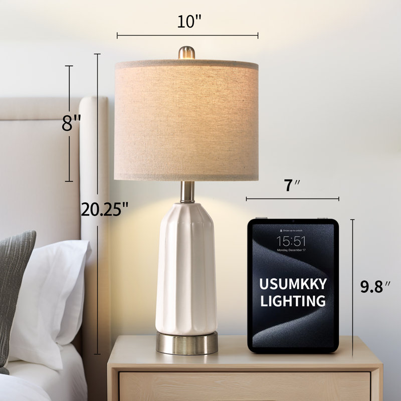 20"white Ceramic Lamp With Charging Port Suitable For Living Room,bedroom,desk,office