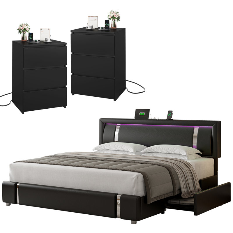 Landenn 3-Piece Bedroom Set with Storage and Charging Port, Black, King
