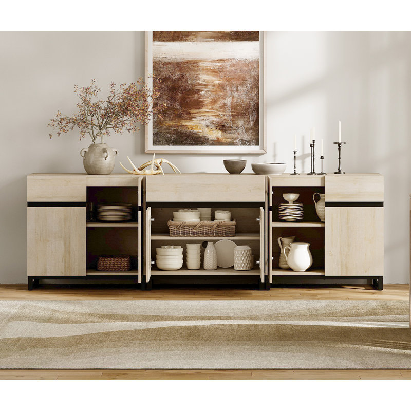 Modern Sideboard With Adjustable Shelves And Drawer, 3 In 1 Storage Cabinet With Glass Doors, Coffee Bar Cabinet For Living Room, Kitchen