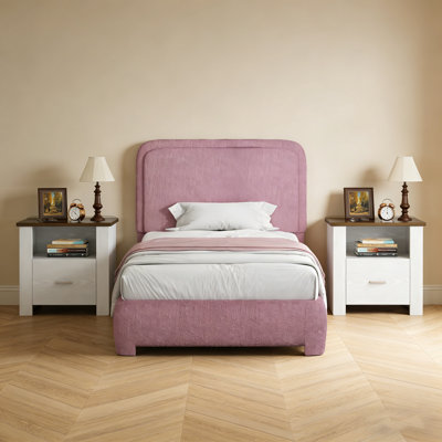 Boucle Upholstered Platform Bed With 2 Farmhouse Nightstands – 3-Piece Bedroom Set